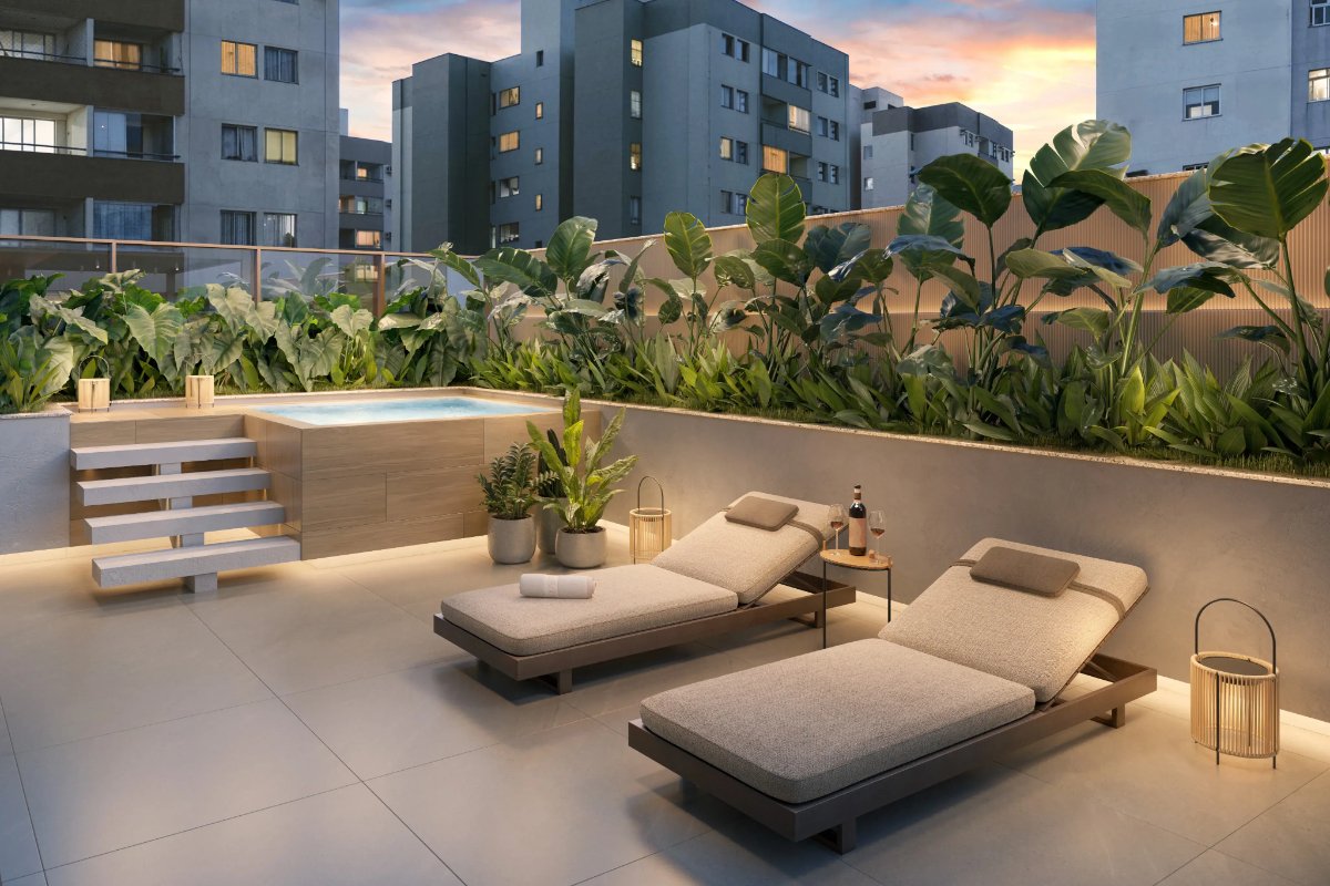 Terraço privativo com spa e paisagismo tropical