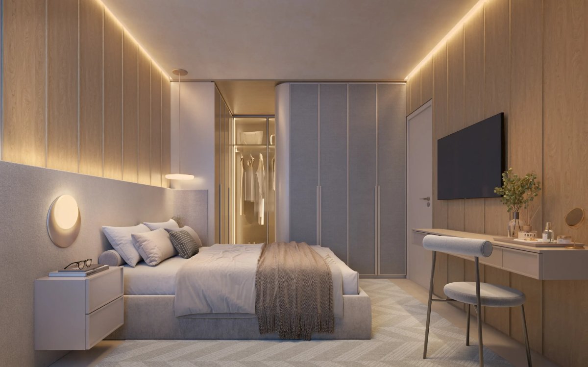 Suíte master com closet integrado e iluminação cênica