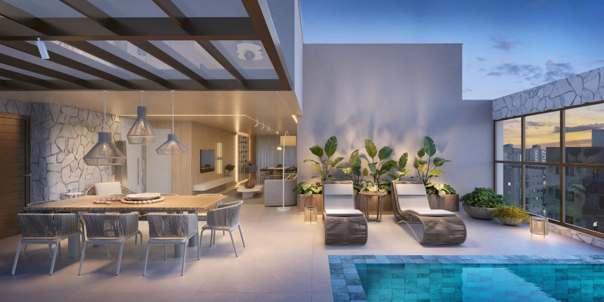 Cobertura garden com jantar externo e piscina