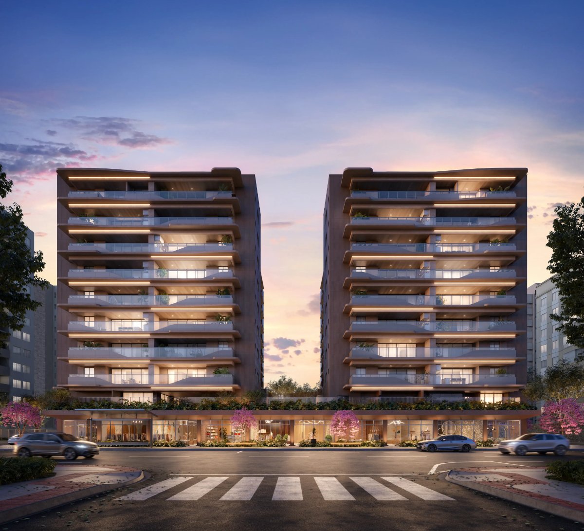 Fachada frontal das duas torres ao entardecer