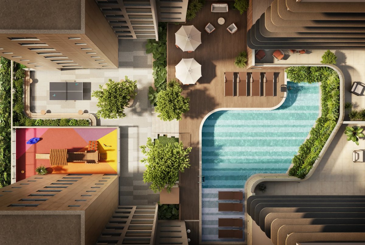 Vista aérea da piscina, deck e áreas de convivência