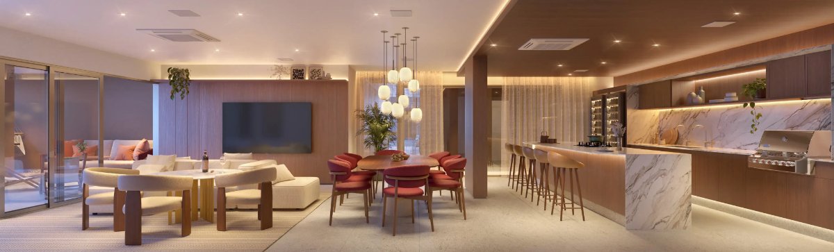 Living decorado integrado à sala de jantar e cozinha gourmet com bancada em mármore