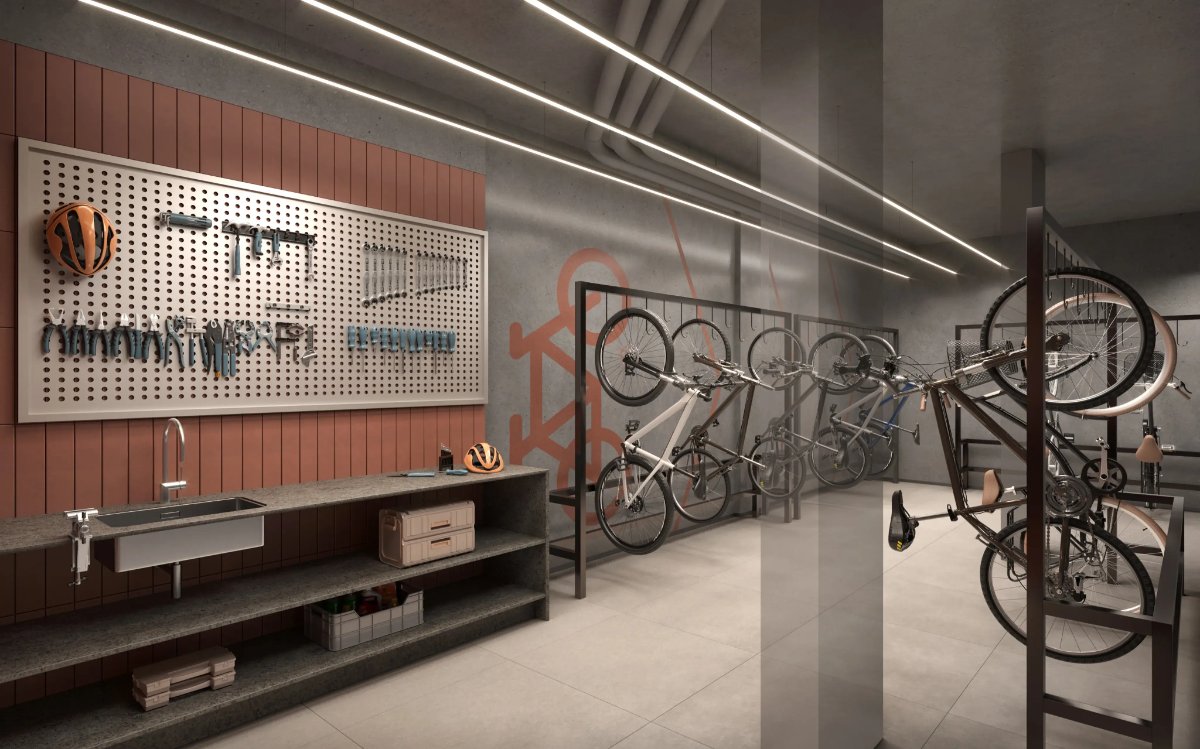 Bicicletário com oficina e painel de ferramentas