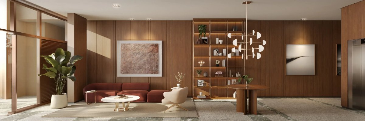Hall social com estante iluminada, sofá vinho e paisagismo interno